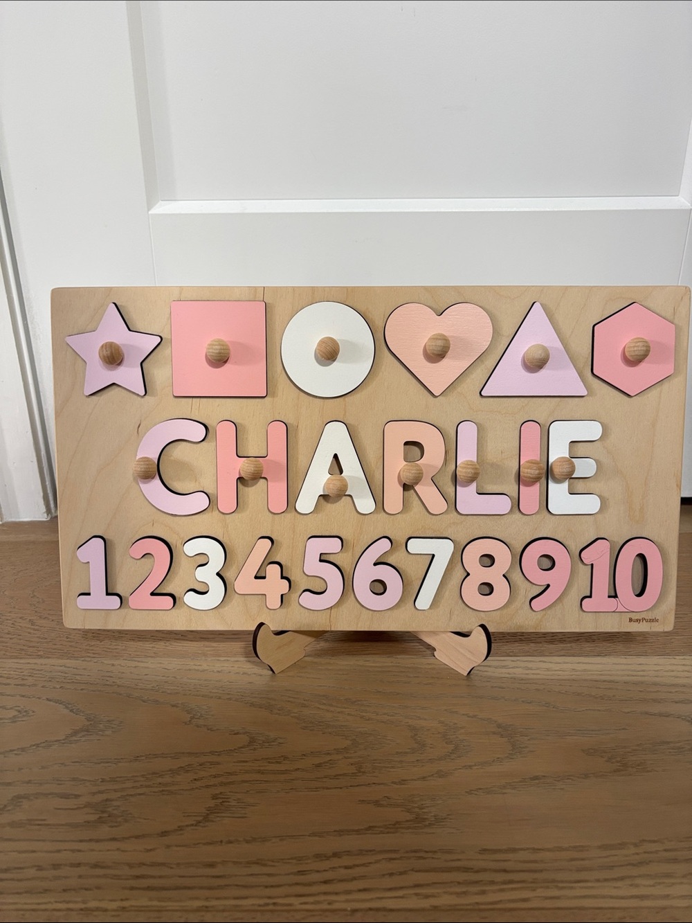 Personalized Wooden Name & Number Puzzle - Pink, White